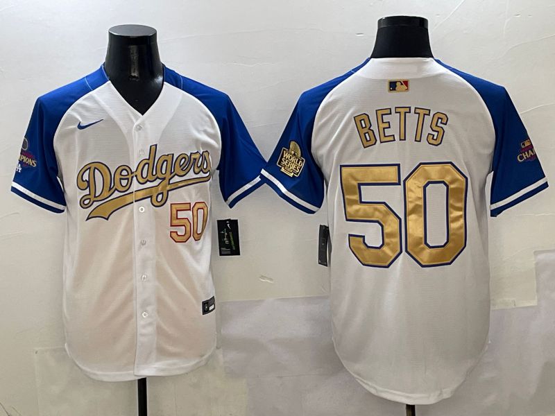 Men Los Angeles Dodgers #50 Betts White Blue Game Nike 2025 MLB Jersey style 7